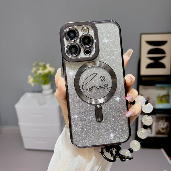 Compatible with iPhone 14 Pro Magnetic Glitter Case, Luxury Love Heart Pattern Plating Clear Case, Compatible with MagSafe for Women Girls Shockproof Back Cover with Bead Bracelet, Black