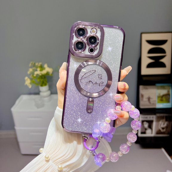 Compatible with iPhone 14 Pro Magnetic Glitter Case, Luxury Love Heart Pattern Plating Clear Case, Compatible with MagSafe for Women Girls Shockproof Back Cover with Bead Bracelet, Darkpurple