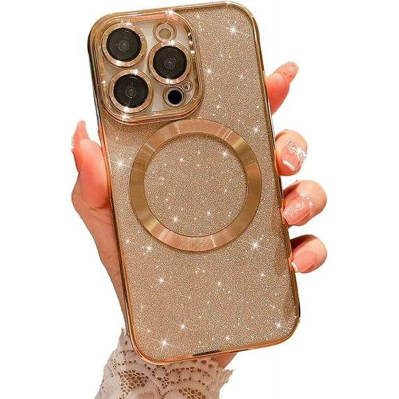 Compatible with iPhone 14 Pro Magnetic Glitter Case, Luxury Plating Cute Bling Clear Phone Case, Compatible with MagSafe for Women Girls with Camera Protector Back Cover - Gold