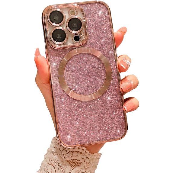 Compatible with iPhone 14 Pro Magnetic Glitter Case, Luxury Plating Cute Bling Clear Phone Case, Compatible with MagSafe for Women Girls with Camera Protector Back Cover - Pink