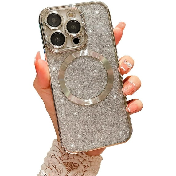 Compatible with iPhone 14 Pro Magnetic Glitter Case, Luxury Plating Cute Bling Clear Phone Case, Compatible with MagSafe for Women Girls with Camera Protector Back Cover - Silver