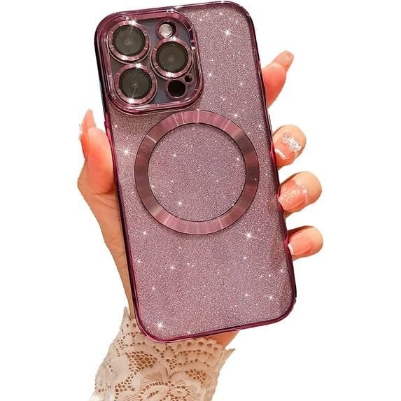 Compatible with iPhone 14 Pro Magnetic Glitter Case, Luxury Plating Cute Bling Clear Phone Case, Compatible with MagSafe for Women Girls with Camera Protector Back Cover - Purple
