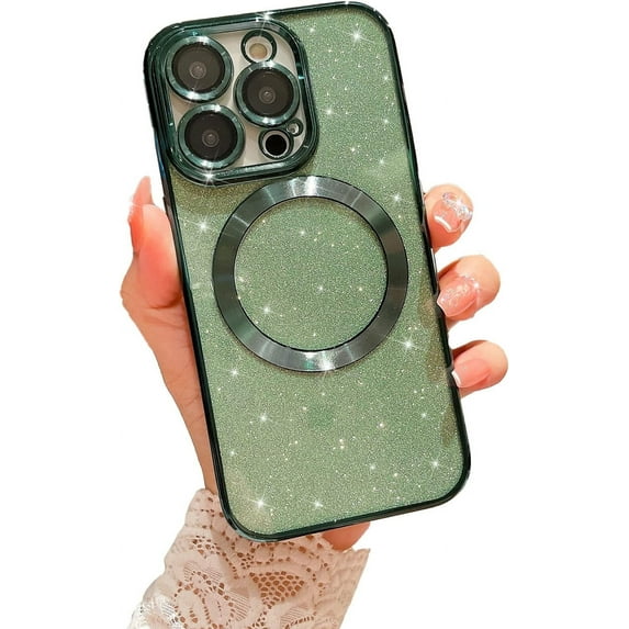 Compatible with iPhone 14 Pro Magnetic Glitter Case, Luxury Plating Cute Bling Clear Phone Case, Compatible with MagSafe for Women Girls with Camera Protector Back Cover - Green