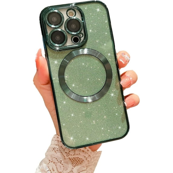 Compatible with iPhone 14 Pro Magnetic Glitter Case, Luxury Plating Cute Bling Clear Phone Case, Compatible with MagSafe for Women Girls with Camera Protector Back Cover - Green