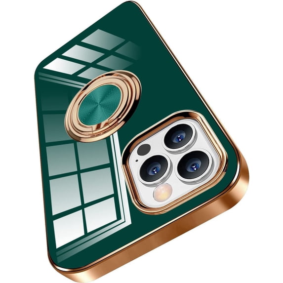 Compatible with iPhone 14 Pro Max 5g Case Cell Phone Case Slim Thin with Ring Stand Metal Electroplated Soft Flexible Tup Frame Full Body Shock-Absorption Bumper Hard Back Mobile Cover-Green