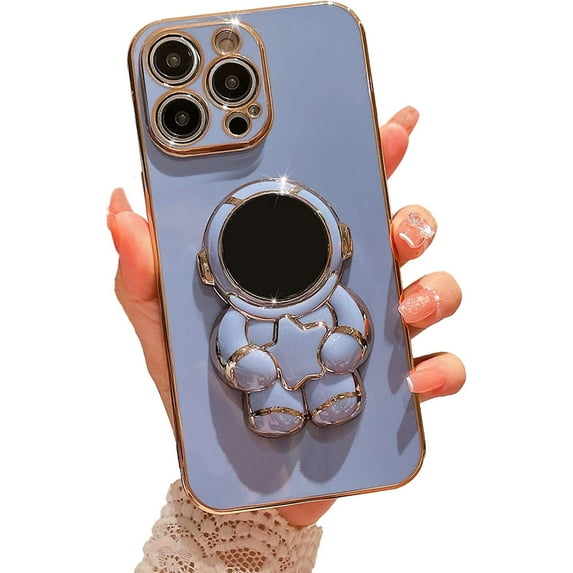 Compatible for iPhone 14 Pro Max 6.7 Inch 6D Plating Astronaut Hidden Stand Case, Cute Stand and Plated Phone Case for Women Girls Men Soft TPU Shockproof Back Cover - Blue