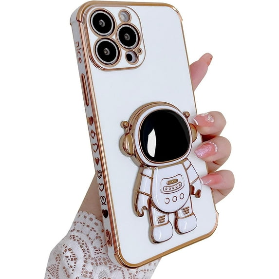 Compatible for iPhone 14 Pro Max 6.7 Inch 6D Plating Astronaut Hidden Stand Case, Cute Stand and Love-Heart Pattern Phone Case for Women Girls Men Soft TPU Shockproof Back Cover - White