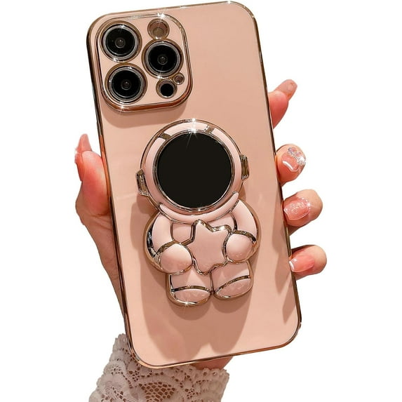 Compatible for iPhone 14 Pro Max 6.7 Inch 6D Plating Astronaut Hidden Stand Case, Cute Stand and Plated Phone Case for Women Girls Men Soft TPU Shockproof Back Cover - Pink