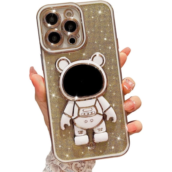 Compatible for iPhone 14 Pro Max 6.7 Inch Bling Plating Astronaut Hidden Stand Case, Cute 6D Bear Stand Glitter Phone Case for Women Girls Soft TPU Shockproof Back Cover - White