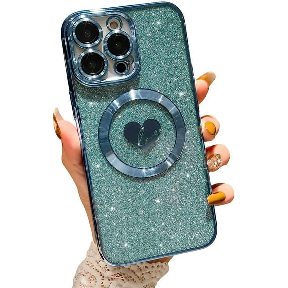 Compatible with iPhone 14 Pro Max 6.7 Inch Case with Magsafe, Plating Heart Glitter Magnetic Case for Women Girl TPU Camera Protection Back Cover for iPhone 14 Pro Max Light Blue