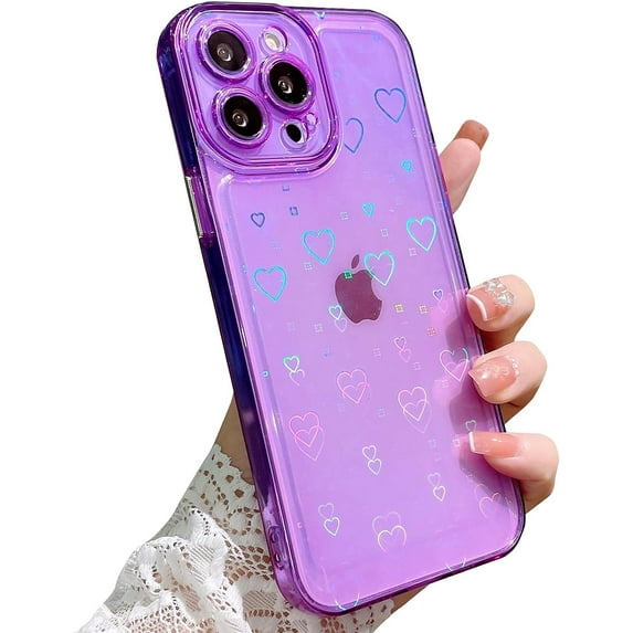 Compatible for iPhone 14 Pro Max 6.7 Inch Clear Glitter Heart Case, Rainbow Laser Holographic Bling Cute Heart Pattern Case for Women Girls Soft TPU Shockproof Camera Protective - Purple