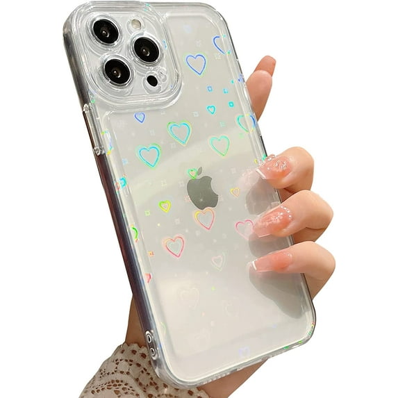 Compatible for iPhone 14 Pro Max 6.7 Inch Clear Glitter Heart Case, Rainbow Laser Holographic Bling Cute Heart Pattern Case for Women Girls Soft TPU Shockproof Camera Protective - Clear