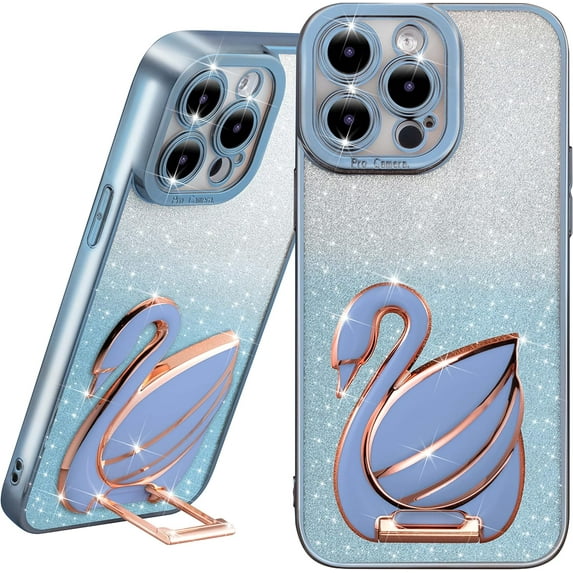 Compatible with iPhone 14 Pro Max 6.7 Inch Plating Swan Hidden Stand Case, Clear Bling Glitter Cute Case for Women Girls Shockproof Back Cover for iPhone 14 Pro Max Blue