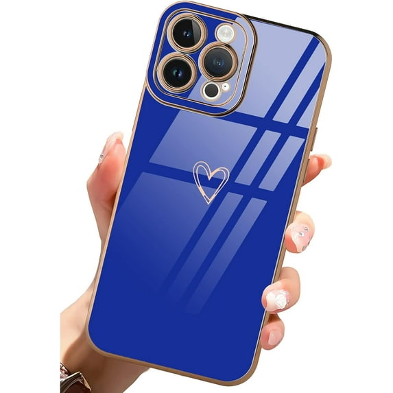 Compatible with iPhone 14 Pro Max 6.7 Inch for Women Girls Luxury Plating Love Heart Cute Phone Cover Slim Soft TPU Shockproof Anti-Scratch Case for iPhone 14 Pro Max-Blue