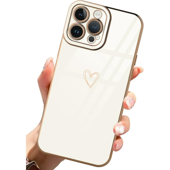 Compatible with iPhone 14 Pro Max 6.7 Inch for Women Girls Luxury Plating Love Heart Cute Phone Cover Slim Soft TPU Shockproof Anti-Scratch Case for iPhone 14 Pro Max-White