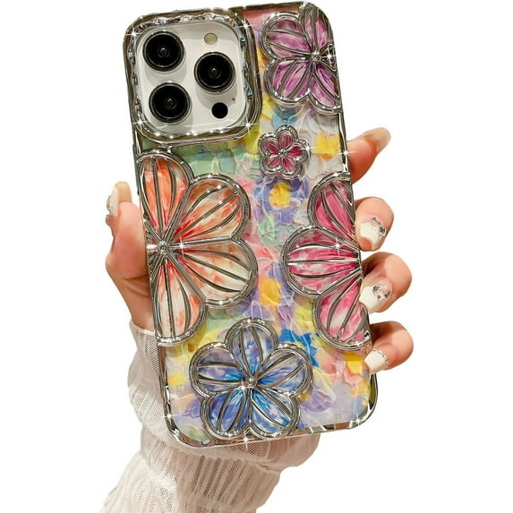 Compatible with iPhone 14 Pro Max 6.7" Phone Case Plating Bling Colorful Floral 3D Clear Cover Soft TPU Cute Camera Protection Shockproof Back for Women Girls iPhone Case, Silver