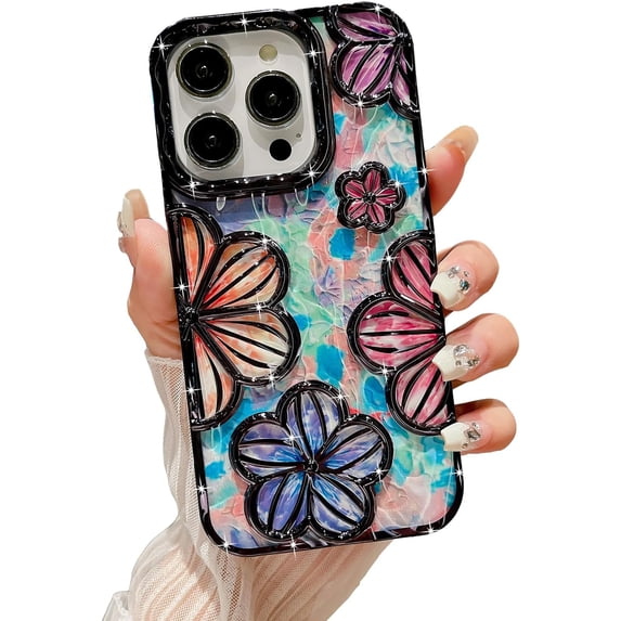 Compatible with iPhone 14 Pro Max 6.7" Phone Case Plating Bling Colorful Floral 3D Clear Cover Soft TPU Cute Camera Protection Shockproof Back for Women Girls iPhone Case, Silver