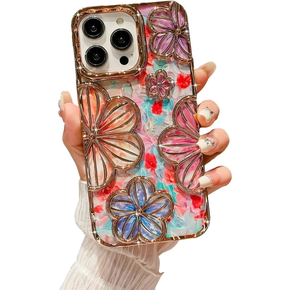 Compatible with iPhone 14 Pro Max 6.7" Phone Case Plating Bling Colorful Floral 3D Clear Cover Soft TPU Cute Camera Protection Shockproof Back for Women Girls iPhone Case, Silver
