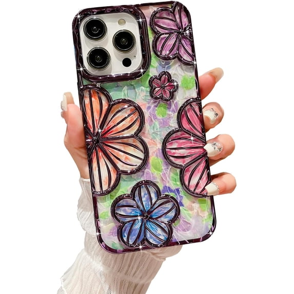 Compatible with iPhone 14 Pro Max 6.7" Phone Case Plating Bling Colorful Floral 3D Clear Cover Soft TPU Cute Camera Protection Shockproof Back for Women Girls iPhone Case, Silver