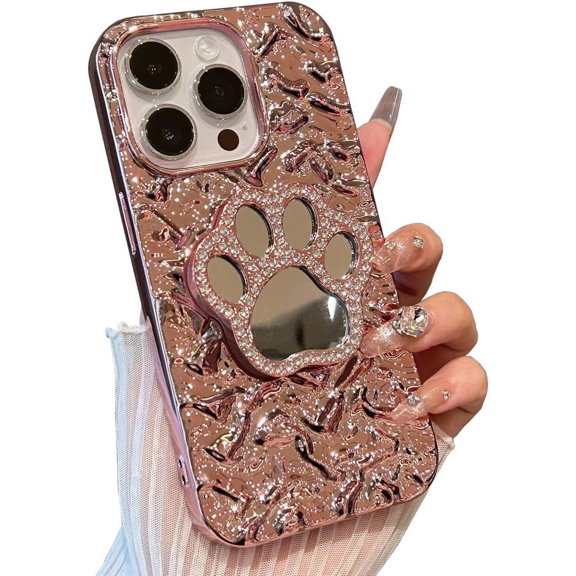Compatible with iPhone 14 Pro Max 6.7'' Pleated Chrome Plating Cute Case with Cat Paws Holder Stand Mirror Kickstand Soft Shockproof Protective Cover for Women & Girls (Rose Gold)