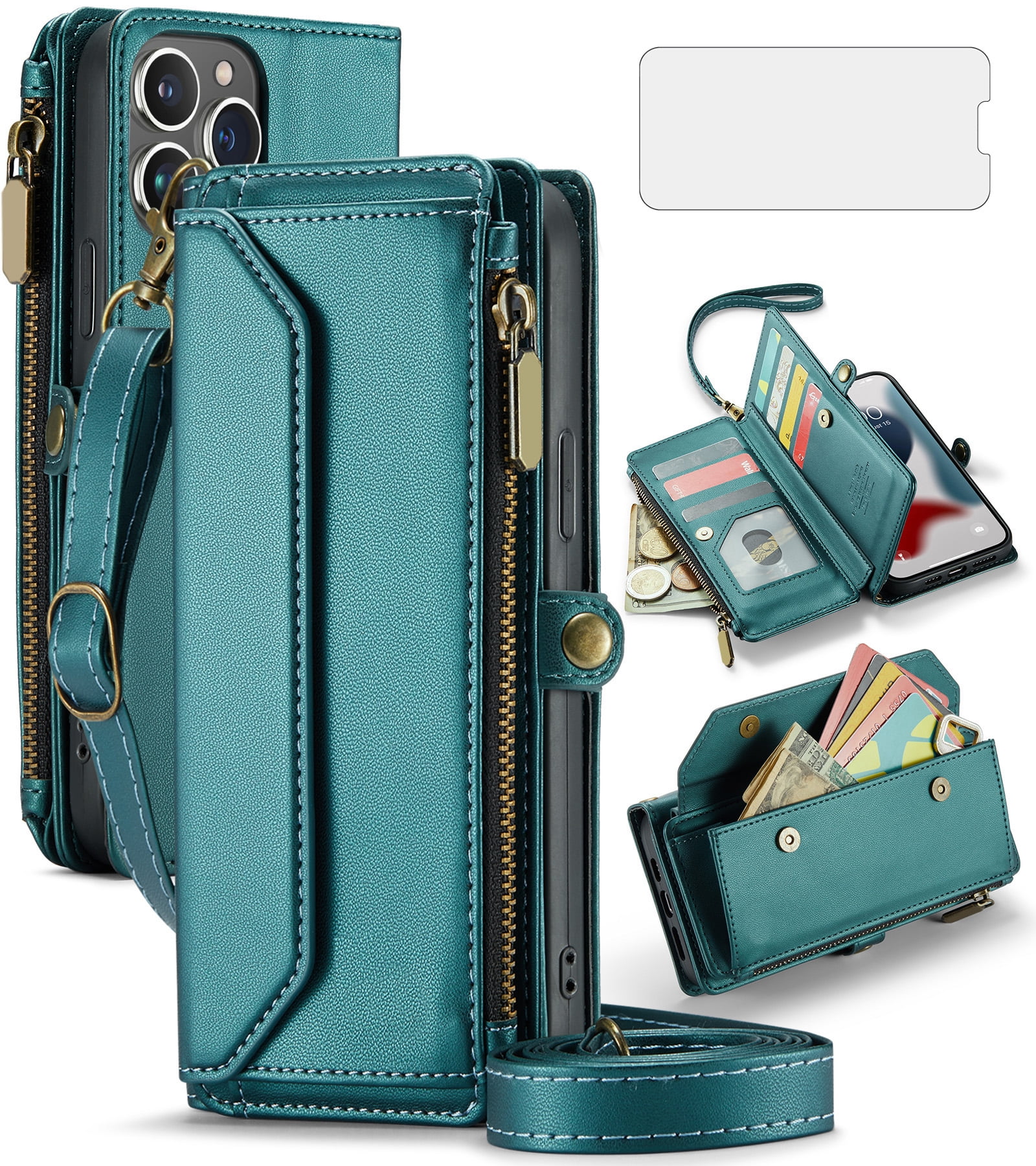 Compatible with iPhone 14 Pro Max 6.7 inch Zipper Wallet Phone Case Tempered Glass Screen Protector Crossbody Lanyard Strap Flip Card Holder Slot Cell Cover for iPhone14promax i14 P14Max Women Green