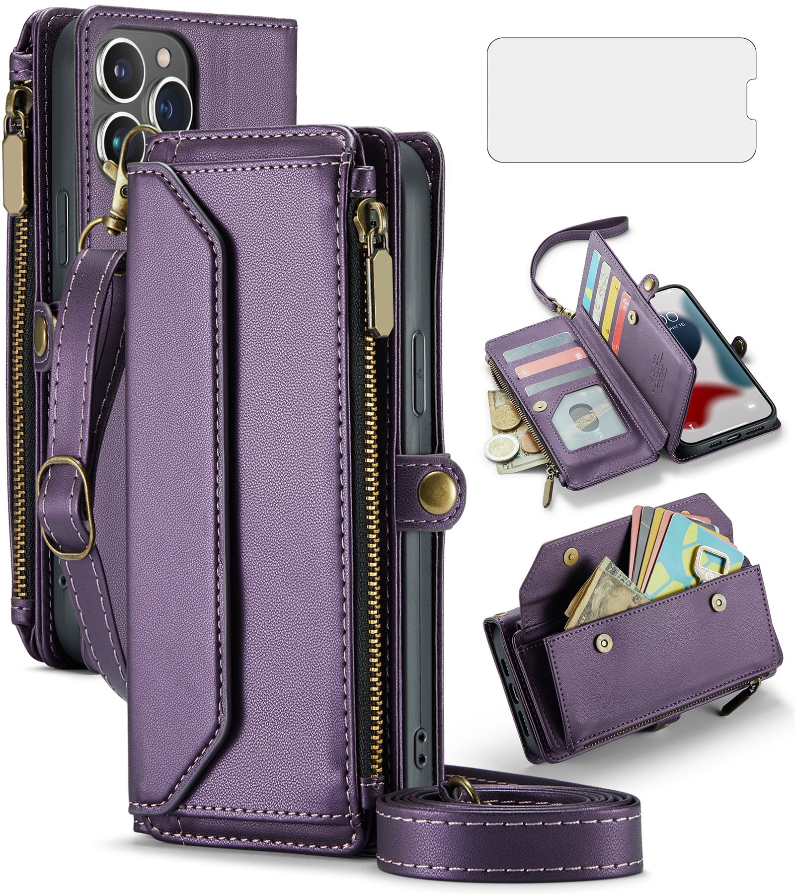 Compatible with iPhone 14 Pro Max 6.7 inch Zipper Wallet Phone Case Tempered Glass Screen Protector Crossbody Lanyard Strap Flip Card Holder Slot Cell Cover for iPhone14promax 5G i 14Max Women Purple