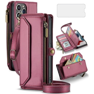 Compatible with iPhone 14 Pro Max 6.7 inch Zipper Wallet Phone Case Tempered Glass Screen Protector Crossbody Lanyard Strap Flip Card Holder Slot Cell Cover for iPhone14promax i14Max Women Wine Red