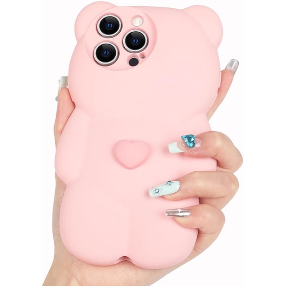 Compatible with iPhone 14 Pro Max Bear Case for Women Girls Girly Cute Cartoon Phone Case Lovely 3D Kawaii Design Camera Lens Protection Soft Silicone Shockproof Protective Cover, Pink