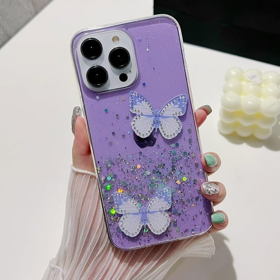 Compatible with iPhone 14 Pro Max Bling Case 3D Diamond Butterfly Case Luxury Sparkly Glitter Sequins Phone Cover for Women Girly Shiny Aesthetic Soft TPU Protective Shockproof Cover, Purple