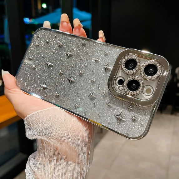 Compatible with iPhone 14 Pro Max Bling Case 3D Star Cute Glitter Plating Spark Shining Diamond Lens Bumper Luxury Fashion Unique Shockproof Protection Cover for Women Girls Silver