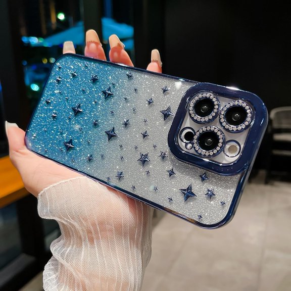 Compatible with iPhone 14 Pro Max Bling Case 3D Star Cute Glitter Plating Spark Shining Diamond Lens Bumper Luxury Fashion Unique Shockproof Protection Cover for Women Girls Blue