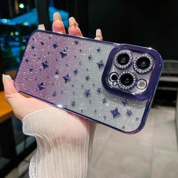 Compatible with iPhone 14 Pro Max Bling Case 3D Star Cute Glitter Plating Spark Shining Diamond Lens Bumper Luxury Fashion Unique Shockproof Protection Cover for Women Girls Purple