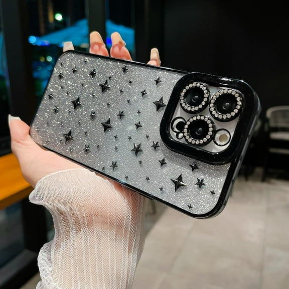 Compatible with iPhone 14 Pro Max Bling Case 3D Star Cute Glitter Plating Spark Shining Diamond Lens Bumper Luxury Fashion Unique Shockproof Protection Cover for Women Girls Black