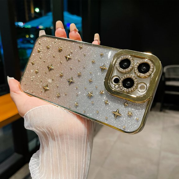 Compatible with iPhone 14 Pro Max Bling Case 3D Star Cute Glitter Plating Spark Shining Diamond Lens Bumper Luxury Fashion Unique Shockproof Protection Cover for Women Girls Gold