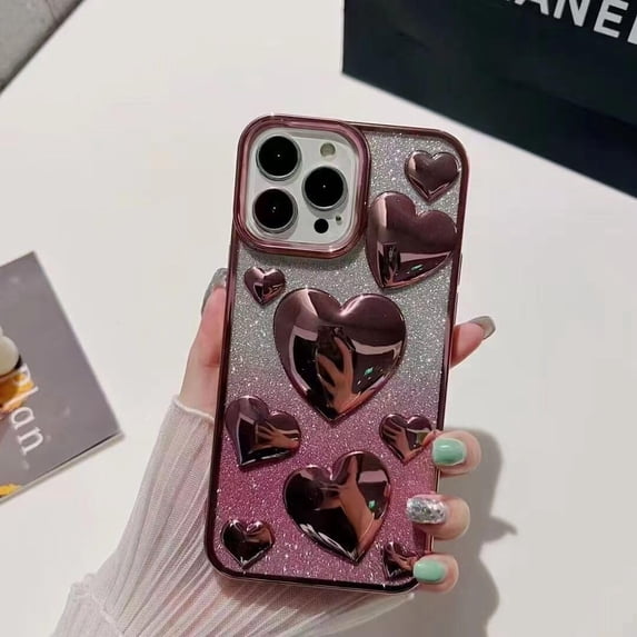 Compatible with iPhone 14 Pro Max Bling Case Glitter 3D Love Heart Electroplating Glossy Gradient Shiny Clear Cute Luxury Fashion Unique Shockproof Protection Cover for Women Girls