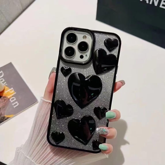 Compatible with iPhone 14 Pro Max Bling Case Glitter 3D Love Heart Electroplating Glossy Gradient Shiny Clear Cute Luxury Fashion Unique Shockproof Protection Cover for Women Girls Black