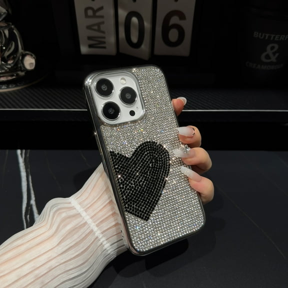 Compatible with iPhone 14 Pro Max Bling Case, Glitter Full Diamond Rhinestone Sparkle Loving Heart Case for Women Girls Girly Aesthetic Luxury Shiny Crystal Slim Soft Bumper Phone Cover, F