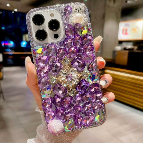 Compatible with iPhone 14 Pro Max Bling Case Glitter Rhinestone Crystal Diamond Shiny Flower Pearl Shiny Bear Cute Luxury Fashion Unique Shockproof Protection Cover for Women Girls Purple