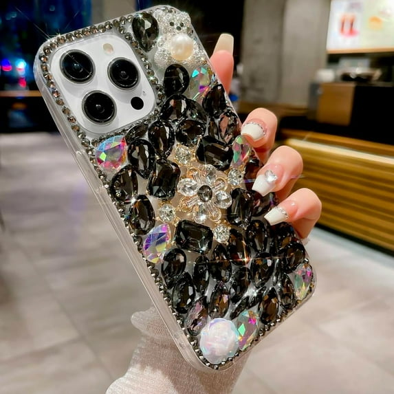 Compatible with iPhone 14 Pro Max Bling Case Glitter Rhinestone Crystal Diamond Shiny Flower Pearl Shiny Bear Cute Luxury Fashion Unique Shockproof Protection Cover for Women Girls Black