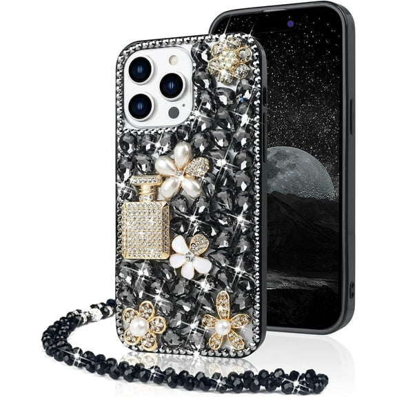Compatible with iPhone 14 Pro Max Bling Case with Lanyard Strap Luxury 3D Diamond Crystal Rhinestone for Women Girls Glitter Sparkle Case Shiny Gemstone Perfume Bottle and Flower Design, Black