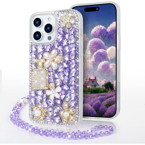 Compatible with iPhone 14 Pro Max Bling Case with Lanyard Strap Luxury 3D Diamond Crystal Rhinestone for Women Girls Glitter Sparkle Case Shiny Gemstone Perfume Bottle and Flower Design, Purple