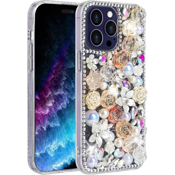 Compatible with iPhone 14 Pro Max Bling Case Luxury Glitter Rhinestone Diamond Crystal Sparkle Rose Flower Pearl Floral Soft Bumper Protective Case Cover for Women Girls Yellow