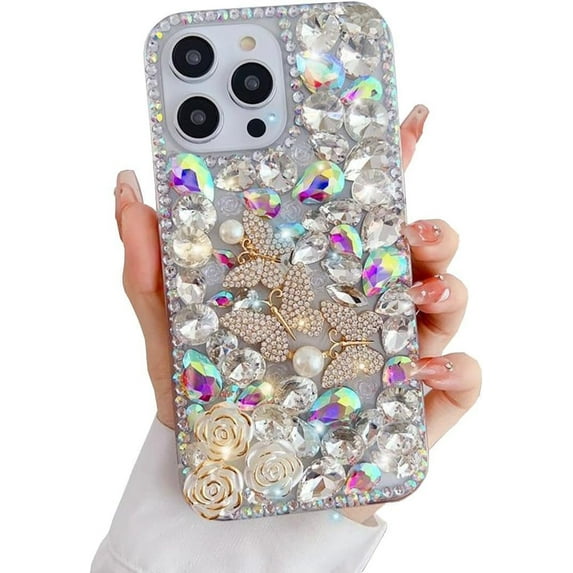 Compatible with iPhone 14 Pro Max Bling Case for Women Girls,Luxury Bling Diamond Rhinestone Gemstone 3D Butterfly and Rose Flower Gemstone Soft TPU Back Cover Case for iPhone 14 Pro Max