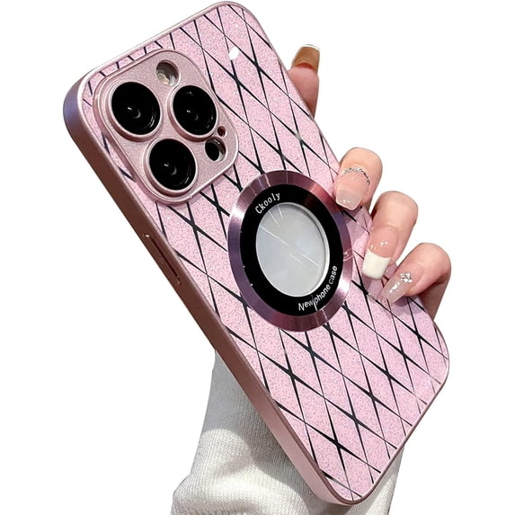 Compatible with iPhone 14 Pro Max Bling Hollow Case Grid Patter Glitter Sparkling Sequins Electroplating Bumper Lens Protection Fashion Protection Shockproof Case for Women Girls Pink