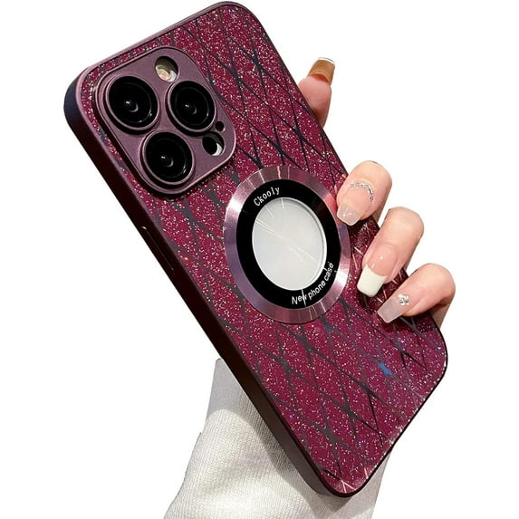 Compatible with iPhone 14 Pro Max Bling Hollow Case Grid Patter Glitter Sparkling Sequins Electroplating Bumper Lens Protection Fashion Protection Shockproof Case for Women Girls Wine
