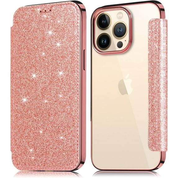 Compatible with iPhone 14 Pro Max Bling Wallet Case Sparkly PU Leather Shiny Glitter Flip Kickstand Card Holder Soft Clear Back Fashion Luxury Protection Shockproof Cover for Women Girls