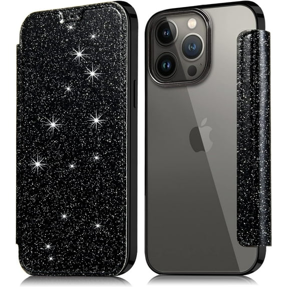 Compatible with iPhone 14 Pro Max Bling Wallet Case Sparkly PU Leather Shiny Glitter Flip Kickstand Card Holder Soft Clear Back Fashion Luxury Protection Shockproof Cover for Women Girls