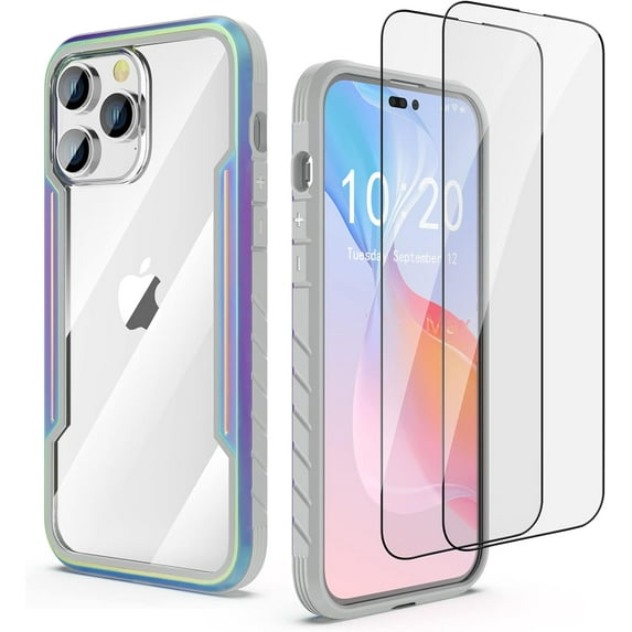 Compatible with iPhone 14 Pro Max Case, 3 in 1 Shockproof Military Protection Slim Cases Phone Covers Clear with 2 Glass Screen Protector for iPhone 14 Pro Max 6.7 inch- Iridescent