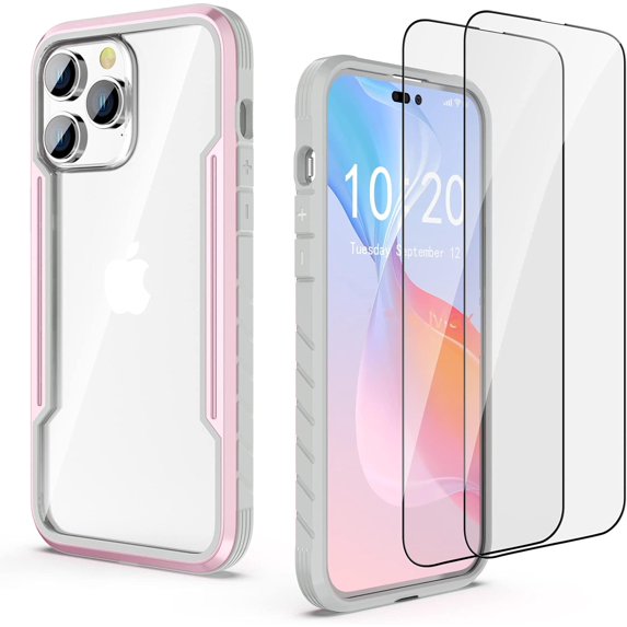 Compatible with iPhone 14 Pro Max Case, 3 in 1 Shockproof Military Protection Slim Cases Phone Covers Clear with 2 Glass Screen Protector for iPhone 14 Pro Max 6.7 inch- Rose Gold