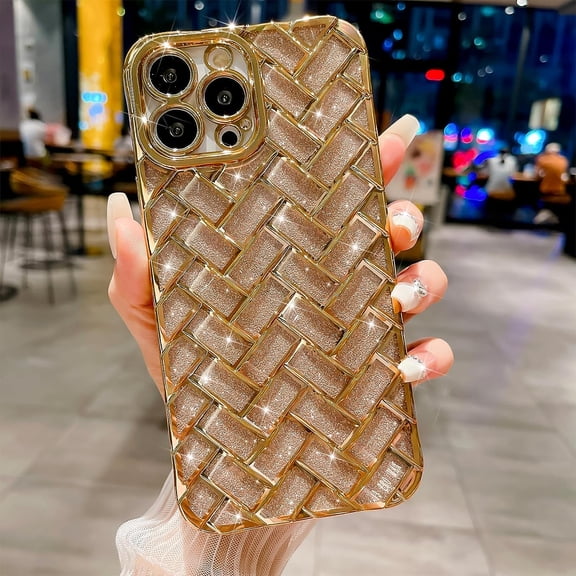 Compatible with iPhone 14 Pro Max Case 6.7 Inch, Elegant 3D Woven Pattern Plating Bling Phone Case, Sparkle Grid Printed case for Women Girls Soft Silicone Protective Back Cover-Gold